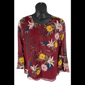 Vince Camuto Long Flutter Sleeve Autumn Botanic Blouse Manor Maroon - Regular
